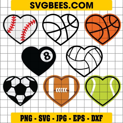 Sport Softball Hearts Bundle Svg, Tennis, Basketball, Football, Soccer, Volleyball, Baseball