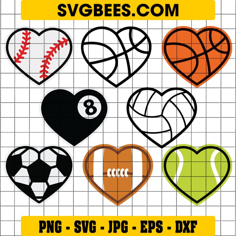 Sport Softball Hearts Bundle Svg, Tennis, Basketball, Football, Soccer, Volleyball, Baseball