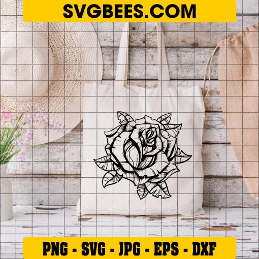 Vintage Black Rose Svg, Digital Download, Black Rose Outline Svg on Bag