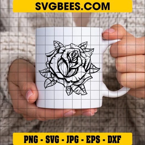Vintage Black Rose Svg, Digital Download, Black Rose Outline Svg on Cup