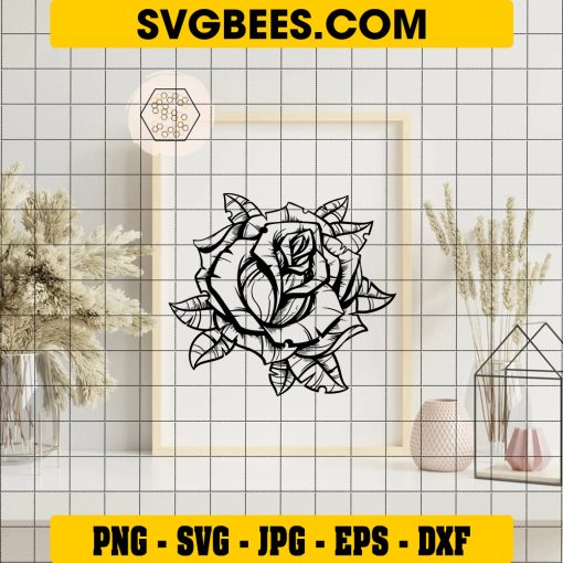 Vintage Black Rose Svg, Digital Download, Black Rose Outline Svg on Frame