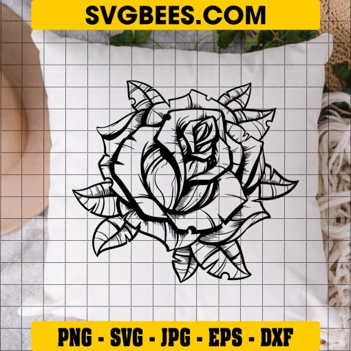 Vintage Black Rose Svg, Digital Download, Black Rose Outline Svg on Pillow