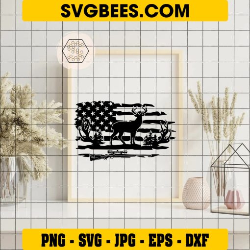 Deer Hunting SVG, Hunting SVG, Deer SVG, Distress USA Flag SVG, Riffle SVG, Deer Antlers SVG, Deer Vector, Deer Hunting Clipart on Frame