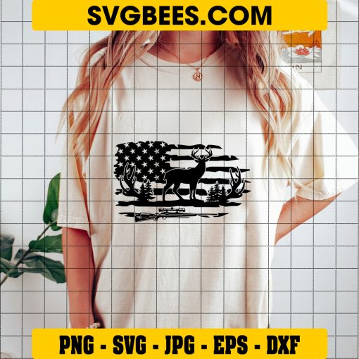 Deer Hunting SVG, Hunting SVG, Deer SVG, Distress USA Flag SVG, Riffle SVG, Deer Antlers SVG, Deer Vector, Deer Hunting Clipart on Shirt