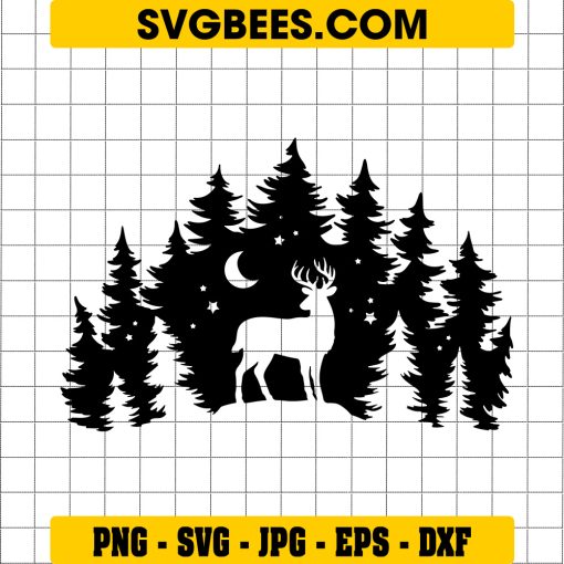 Deer In The Forest SVG, Deer Silhouette SVG, Pine Trees SVG, Stag SVG, Hunting SVG, Buck SVG Digital Download