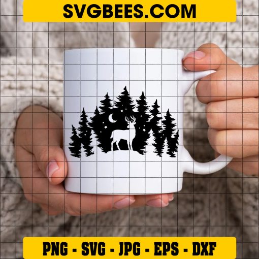 Deer In The Forest SVG, Deer Silhouette SVG, Pine Trees SVG, Stag SVG, Hunting SVG, Buck SVG Digital Download on Cup