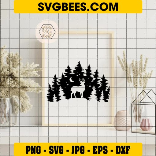 Deer In The Forest SVG, Deer Silhouette SVG, Pine Trees SVG, Stag SVG, Hunting SVG, Buck SVG Digital Download on Frame