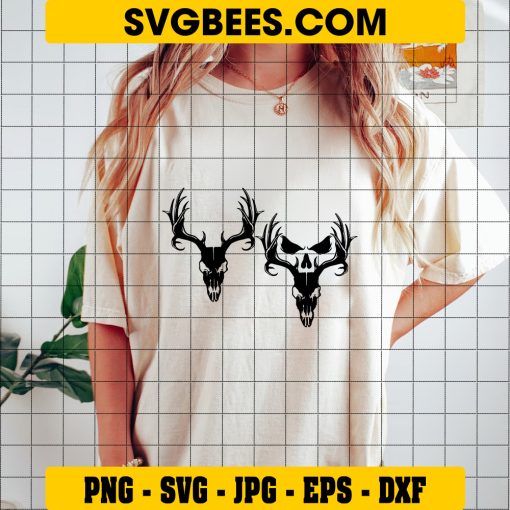 Deer Skull Svg Cut Files, Deer Head Skull Svg, Skull Animal Svg, Deer Antler Skull Svg, Deer Hunting Svg, Hunting Svg, Skull Cut File on Shirt