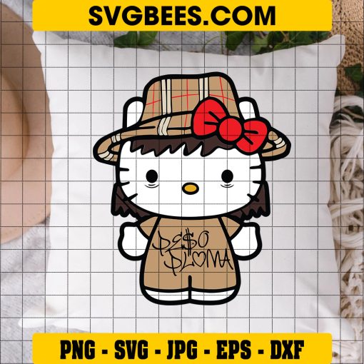 Peso Pluma Hello Kitty Burberry Hat SVG, Peso Pluma Kitty Cat SVG, Regional Mexican Music SVG PNG DXF EPS on Pillow