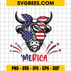 American Flag Highland Cow SVG PNG, Patriotic Highland Cow SVG, Funny 4th Of July DXF SVG PNG EPS