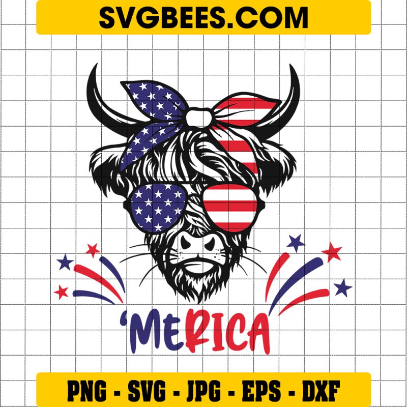 American Flag Highland Cow SVG PNG, Patriotic Highland Cow SVG, Funny 4th Of July DXF SVG PNG EPS