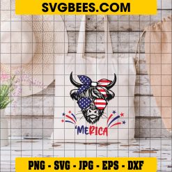 American Flag Highland Cow SVG PNG, Patriotic Highland Cow SVG, Funny 4th Of July DXF SVG PNG EPS on Bag