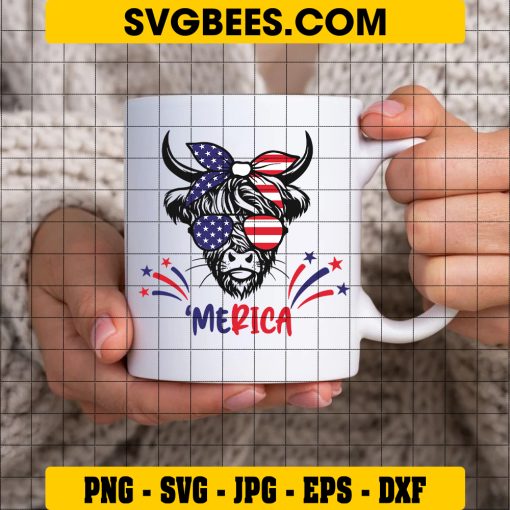 American Flag Highland Cow SVG PNG, Patriotic Highland Cow SVG, Funny 4th Of July DXF SVG PNG EPS on Cup