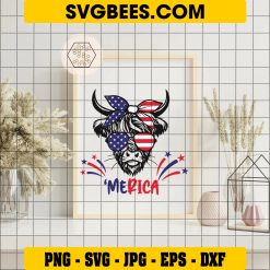 American Flag Highland Cow SVG PNG, Patriotic Highland Cow SVG, Funny 4th Of July DXF SVG PNG EPS on Frame