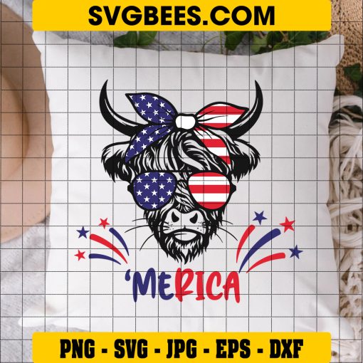 American Flag Highland Cow SVG PNG, Patriotic Highland Cow SVG, Funny 4th Of July DXF SVG PNG EPS on Pillow