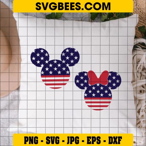 Mickey And Minnie Mouse Merica SVG PNG, Disney Mouse 4th Of July SVG, American Flag Disney Mouse DXF SVG PNG EPS on Pillow