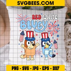 Retro Bluey 4th Of July SVG PNG, Bluey Bingo Red White SVG, 4th July Fireworks DXF SVG PNG EPS on Pillow