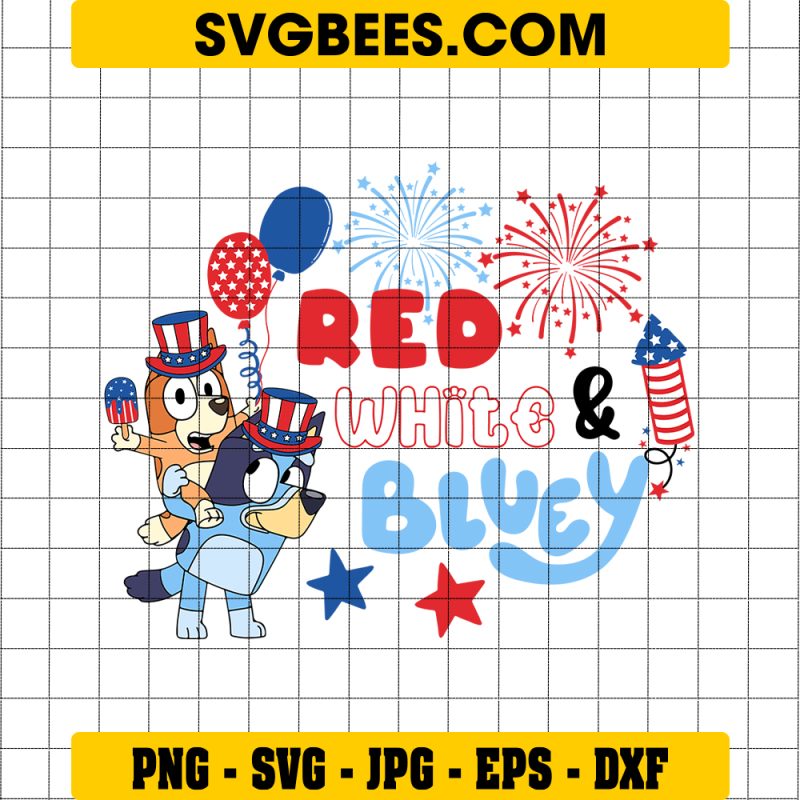 Retro Bluey Bingo 4th Of July SVG PNG, Red White Bluey And Bingo SVG, 4th Of July Fireworks DXF SVG PNG EPS