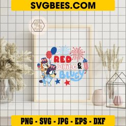 Retro Bluey Bingo 4th Of July SVG PNG, Red White Bluey And Bingo SVG, 4th Of July Fireworks DXF SVG PNG EPS on Frame