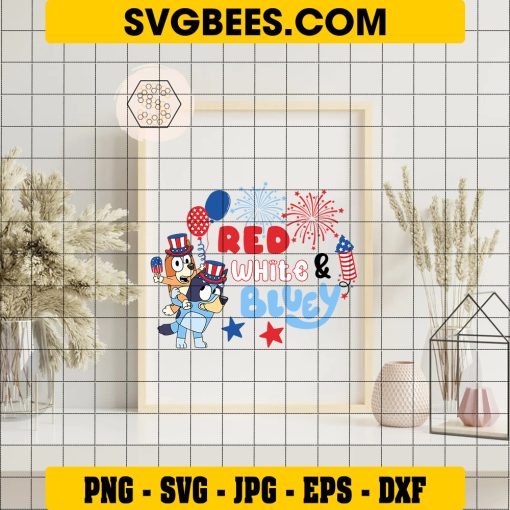 Retro Bluey Bingo 4th Of July SVG PNG, Red White Bluey And Bingo SVG, 4th Of July Fireworks DXF SVG PNG EPS on Frame