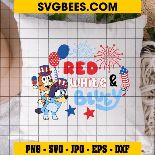 Retro Bluey Bingo 4th Of July SVG PNG, Red White Bluey And Bingo SVG, 4th Of July Fireworks DXF SVG PNG EPS on Pillow