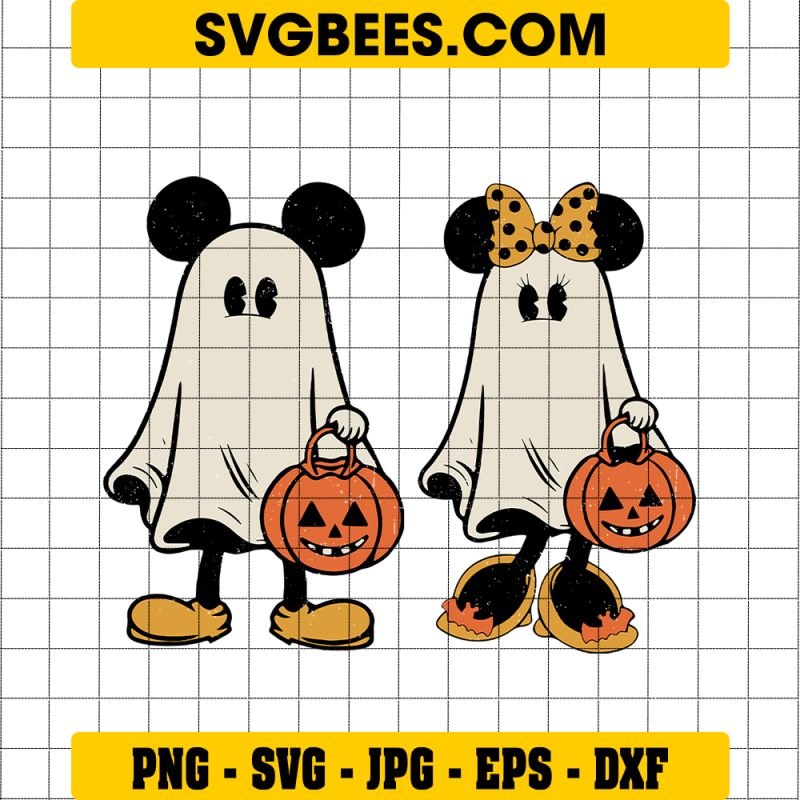 Mickey Minnie Mouse Trick Or Treat SVG, Disney Mouse Ghost SVG, Retro Halloween SVG, Pumpkin Ghost PNG SVG EPS DXF