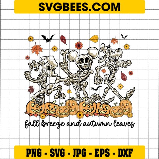 Mickey And Donald Duck And Goofy Skeleton SVG, Dancing Skeleton Pumpkin Halloween Svg, Fall Breeze And Autumn Leaves SVG PNG EPS DXF