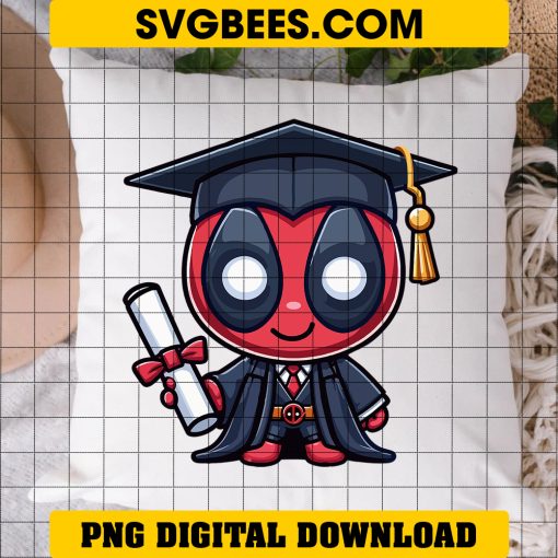 Cute Chibi Deadpool Graduation PNG, Superhero Graduation 2024 PNG on pillow
