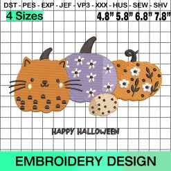 Cute Happy Halloween Embroidery, Kitten Cat Embroidery, Spooky Season Pumpkin Embroidery Design