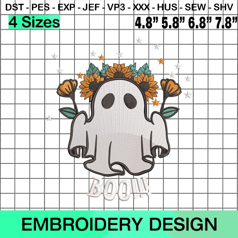 Floral Halloween Ghost Boo Embroidery Design