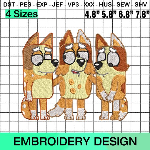 Bluey, Bandit, and Bingo Group Hug Embroidery Design