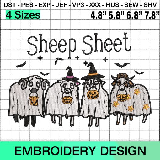 Sheep Sheet Halloween Embroidery Designs, Ghost Sheeps Embroidery, Halloween Sheeps Embroidery Design