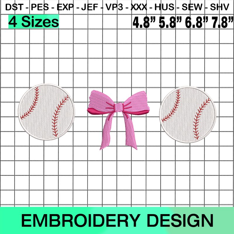 Baseball Coquette Bow Embroidery Designs