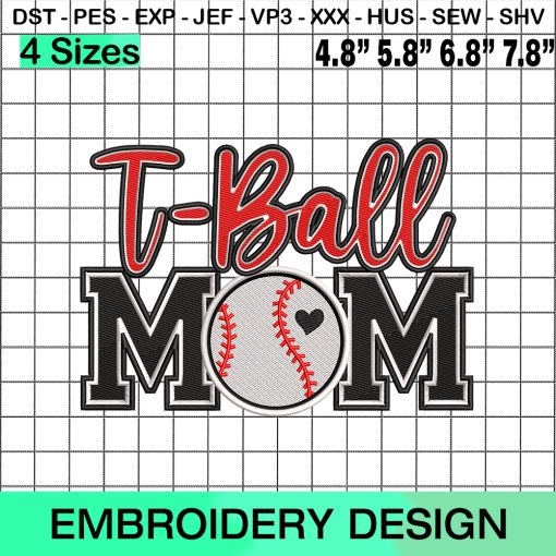 T-Ball Mom, Tee Ball Baseball Mama Embroidery Design