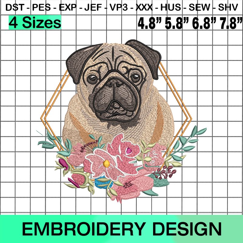 Floral Pug Dog Embroidery Design