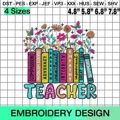Teacher, Helping Little Minds Grow, Flower Books Embroidery Design