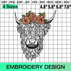 Floral Highland Cow Embroidery Design