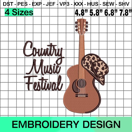 Lettering Country Music Festival And Acoustic Guitar With Cowboy Hat Embroidery Design