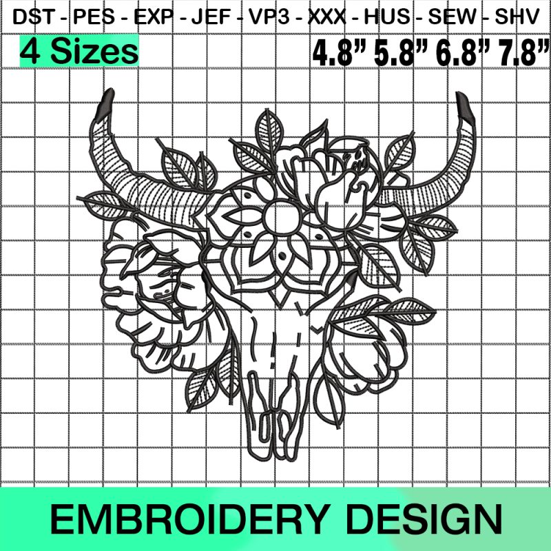 Floral Boho Cow Skull Embroidery Design