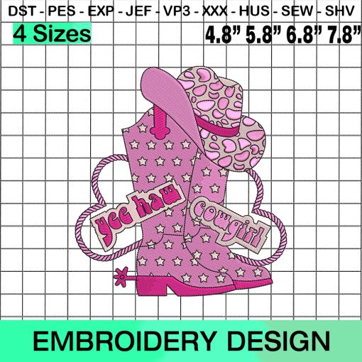 Yee Haw Pink Cowgirl Boots With Hat Embroidery Design