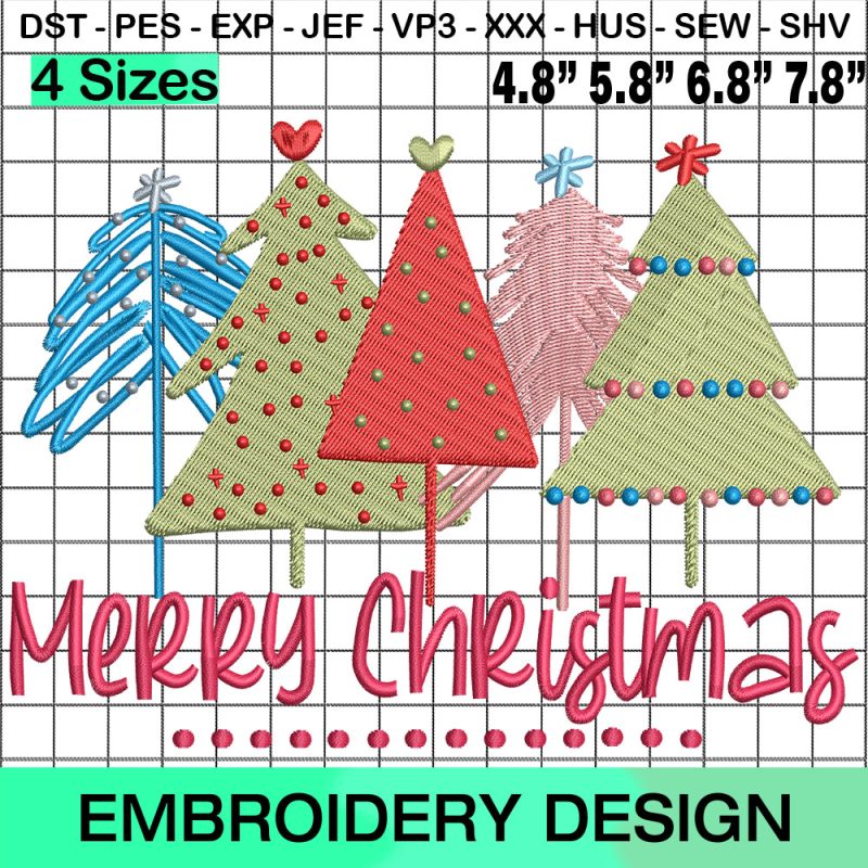 Merry Christmas Trees Embroidery Design