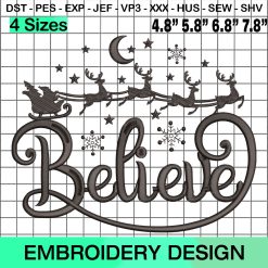 Christmas Believe Design, Santa Sleigh Embroidery Design