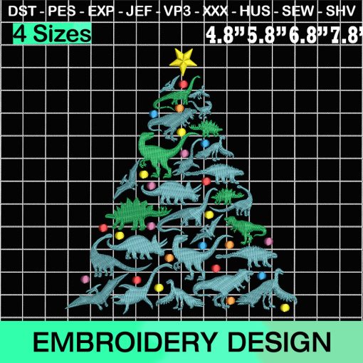 Dinosaur Christmas Tree Embroidery Design, Holiday Embroidery Designs