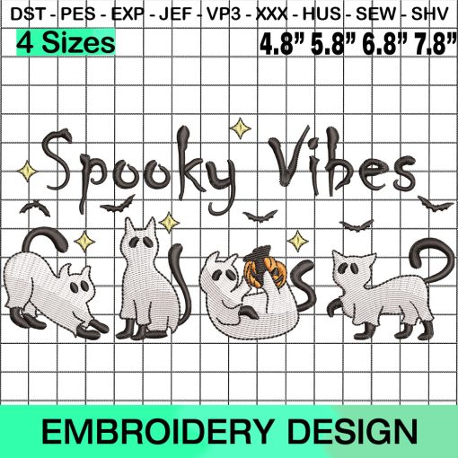 Halloween Spooky Vibes Ghost Cats Embroidery Design