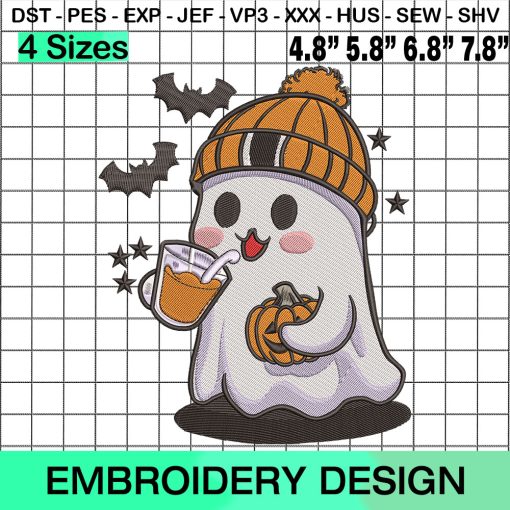 Cute Ghost, Halloween Coffee, Halloween Pumpkin Embroidery Design