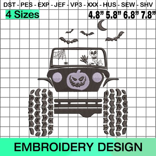 Skeleton Ride Jeep, Horror Offroad Embroidery Design