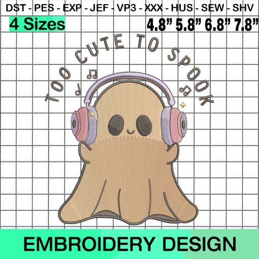 Happy Ghost with Headphones, Too Cute To Spook Embroidery Design