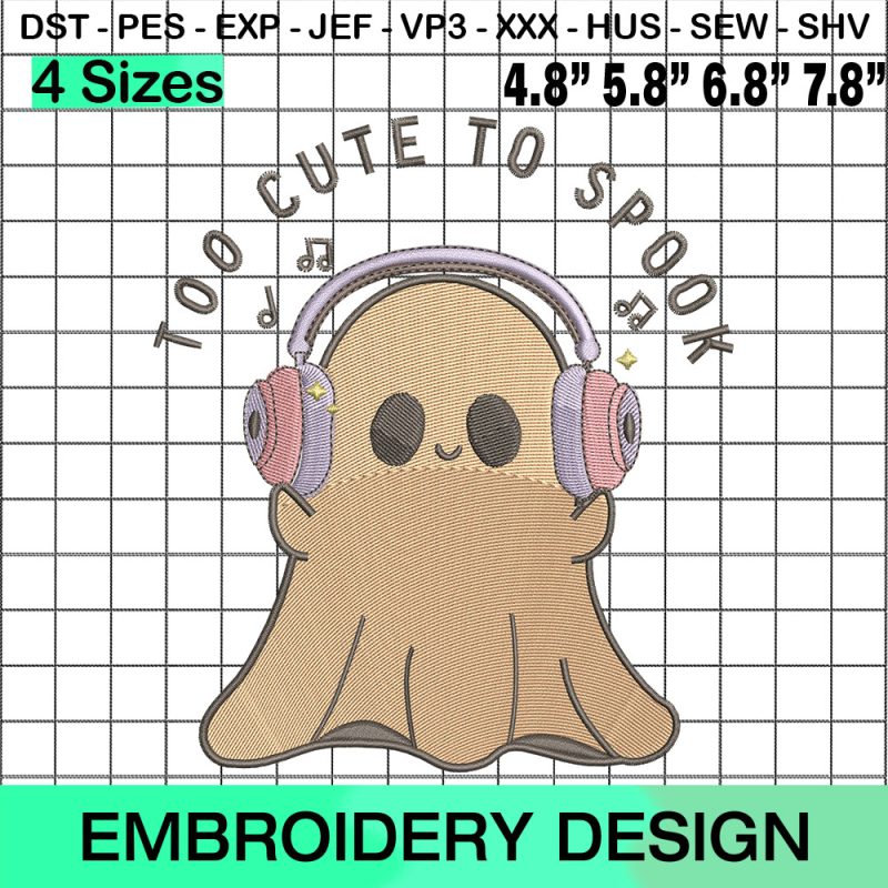 Happy Ghost with Headphones, Too Cute To Spook Embroidery Design