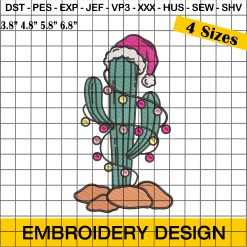 Santa Hat Cactus Embroidery Design, Christmas Lights Embroidery Design