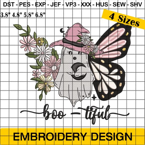 Bootiful Halloween Embroidery with Cute Ghost and Butterfly Wing